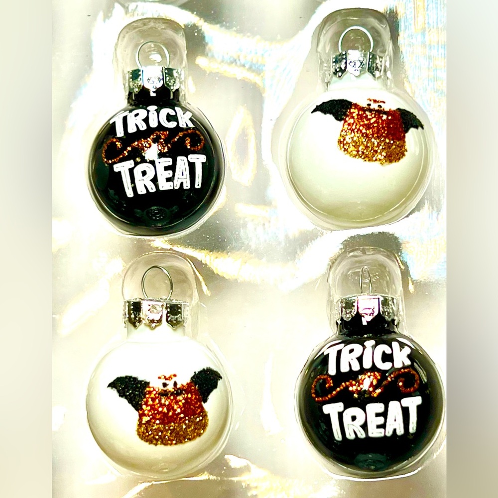 20 Halloween Mini Glass Ball Ornaments Trick or Treat Vampire Bat Candy Corn